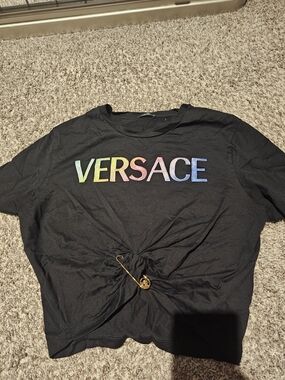 Versace Black Crop Tee with Rainbow Logo